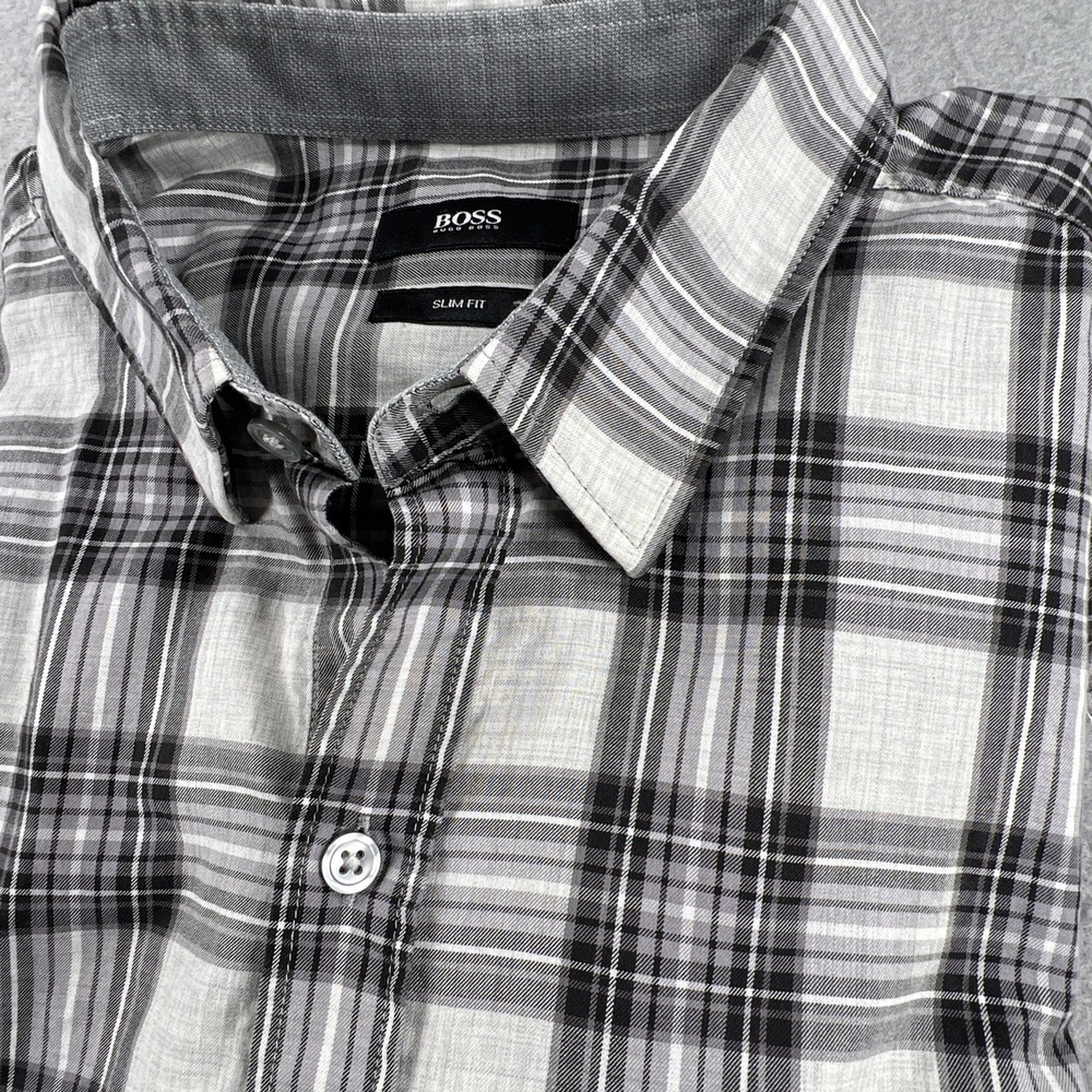 Boss Hugo Boss Mens XL l/s Dress Shirt Black Gray Plaid Slim Fit Flip Cuffs